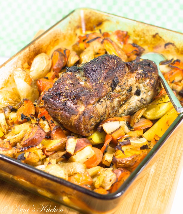 Pork roast with apple, sweet potato & root vegetables